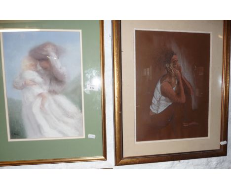 Pastel portrait of a woman and child by M. Clarke and a pen and pastel figure study of a seated girl