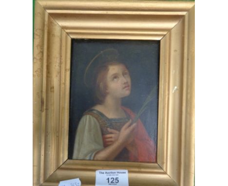 Small gilt-framed oil on panel portrait of a girl with a halo