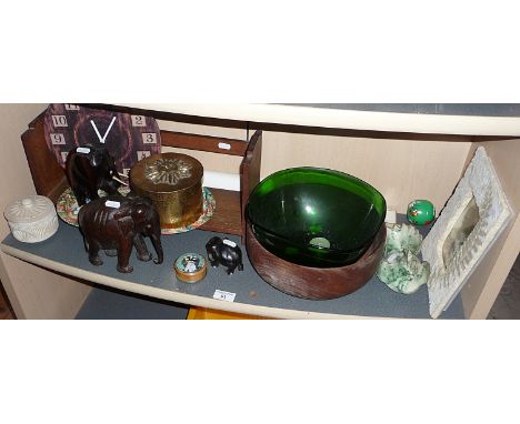 Assorted items including hardwood elephants, bookrack, kitchen wall clock etc