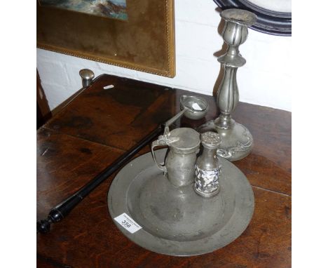 Assorted old pewter inc. Georgian toddy ladle, plate with London touchmarks, a candlestick and two other items