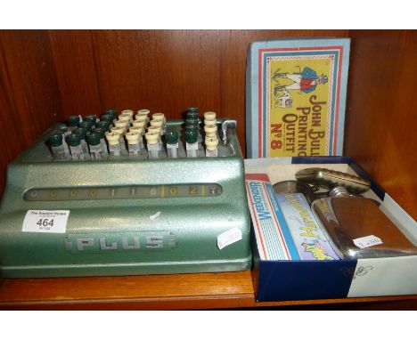 Bell Punch Company Plus adding machine or mechanical calculator, together with a vintage John Bull toy printing outfit. Also 