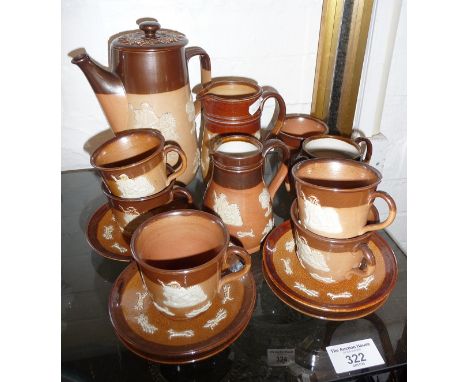 Royal Doulton stoneware hunting harvest series coffee set with coffee pot, two milk jugs, sugar bowl and five cups with sauce