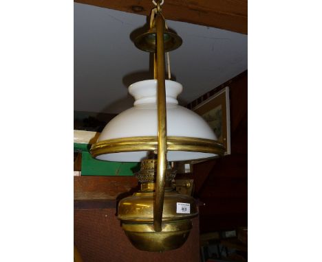 Victorian French brass hanging oil lamp with white shade (converted)