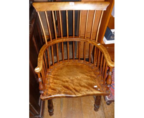 18th c. yew, elm and ash comb back Windsor chair, having turned arm supports, legs and stretchers