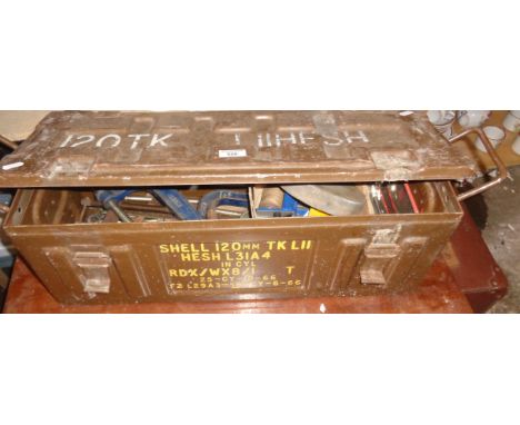 Military ammunition tin box for 120mm shell, and assorted clamps and other tools, etc.