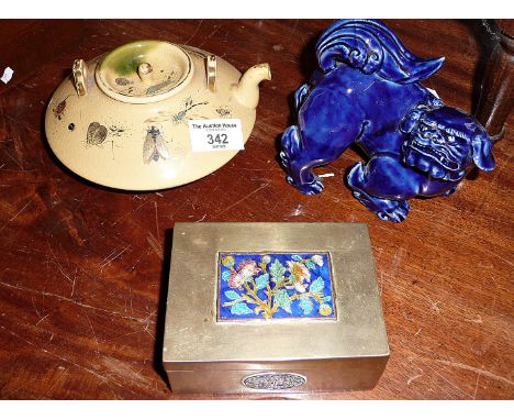 Japanese teapot, Chinese blue glazed foo dog and a Chinese brass and enamel box (broken hinge)