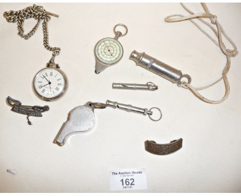 Two old whistles, a vintage map measurer or opisometer, a pocket watch etc