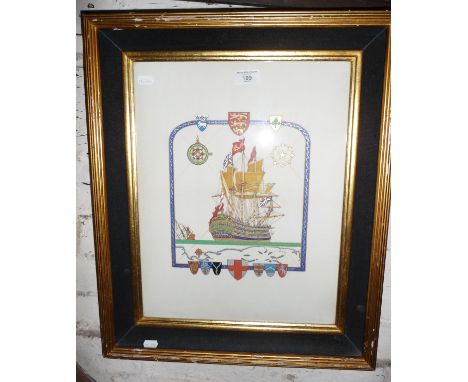 Armorial watercolour of an English ship of the line with coats of arms and compass points