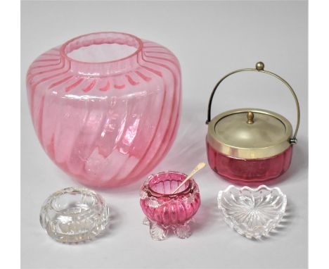 A Collection of Various Cranberry Glassware to comprise Oil Lamp Shade, Silver Plate Mounted Preserve Pot, Victorian Salt wit