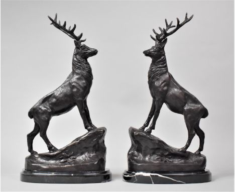 A Pair of Dark Patinated Bronze Studies of Stags Standing On Rocks, Oval Marble Bases, Each 42cm high 