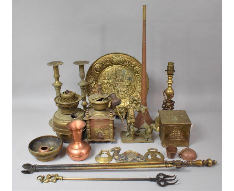 A Collection of Various Metalwares to comprise Brass Pressed Charger, Candlestick, Coffee Grinder (AF), Huntsman Ornament, Fi