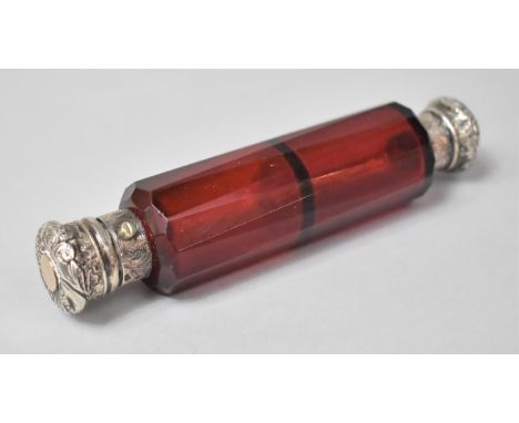 A Silver Topped Ruby Glass Double Ended Scent Flask, 13.5cm Long 