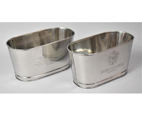 A Pair of Silver Plated Champagne Coolers, Inscribed with Quotes From Napoleon Bonaparte and Lily Bollinger, 30cm wide 