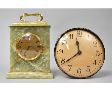 A Mid 20th Century Green Onyx Angelus Carriage Clock Together with a Faux Tortoiseshell Rimmed Circular Clock, 15cm diameter 