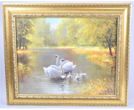 A Framed Print After M Weber, Swan Family on River, 49x39cm 