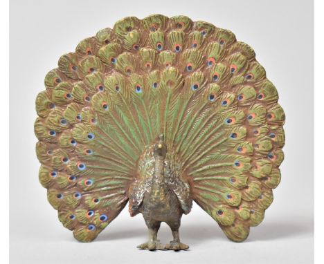 A Small Enamelled Bronze Study of a Peacock, 8cm high 