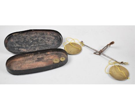 A Late 19th/Early 20th Century Oval Cased Set of Pan Scales with Two Weights, 13cm wide 