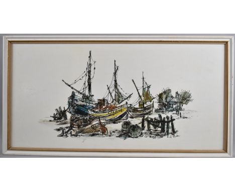 A Framed Print Depicting Beached Fishing Boats, After G Tinker, 80x39cm 