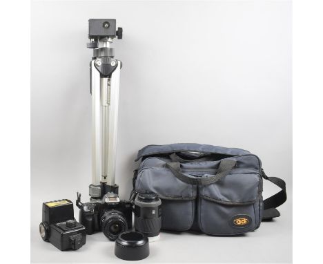 A Minolta Dynax 300 FI 35mm Camera Together with Flash Gun, Zoom Lens, Canvas Bag and Flik 35SN Tripod 