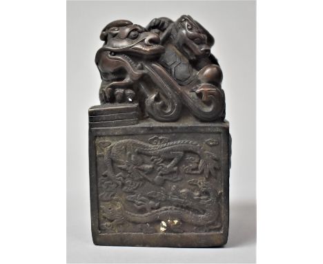 A Large Bronze Seal with Mythical Dragon Turtle and Crawling Dragon Finial, 13cm high 