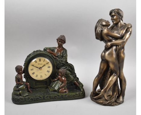 A Bronze Effect Figural French Style Mantle Clock with Quartz Movement Together with a Bronze Effect Resin Study of Couple Em