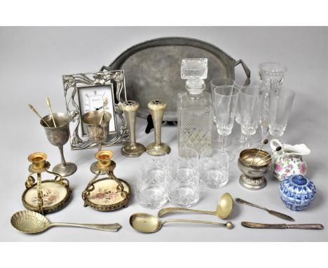A Collection of Glasswares, Metalwares and Ceramics to Include Champagne Flutes, Easel Clock etc 
