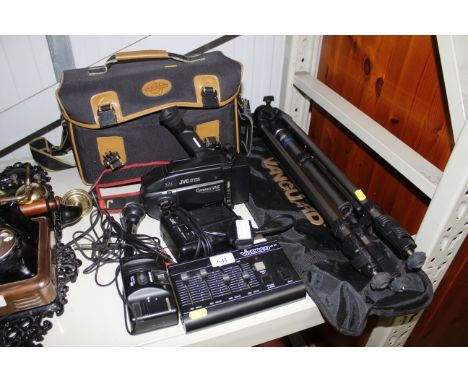 A JVC GR-AX60 compact VHS camcorder, A Vivanco MX310 mixer, tripod in bag, microphone, JVC battery charger etc