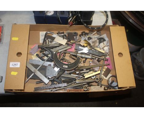 A tray box of various tools to include micrometre, metal gauges, part tap and dis parts and various other engineering tools 