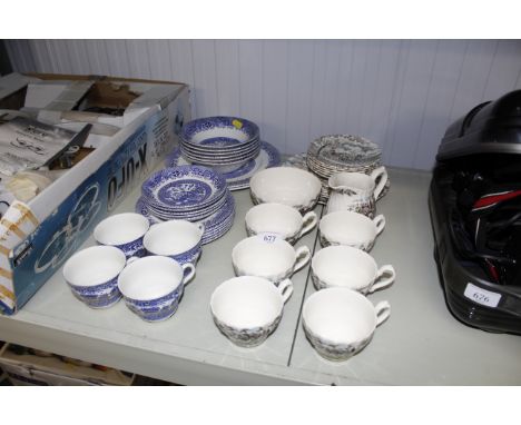 A blue and white Oriental style china tea set together with a Myott 'Royal Mail' tea set