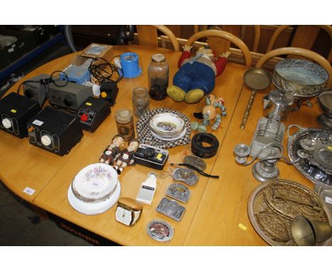 A travellers clock; novelty belt buckles for Budweiser and Jack Daniels, a toy in the form of Yogi Bear; a selection of vario