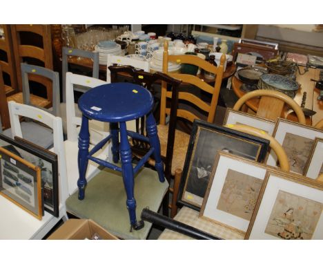 A blue painted stool and a string seated ladder back chair; together with one further chair 
