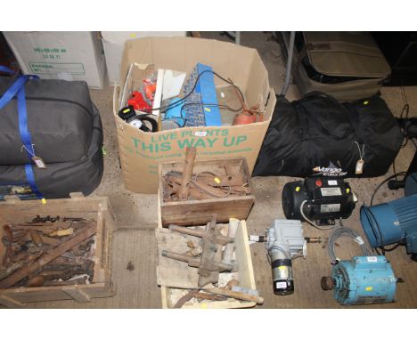 A box containing various items to include metal tins with contents of screws and fixings, a Camping Gaz Lumogaz lantern, smal