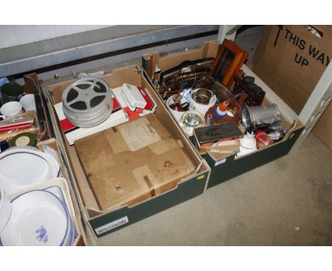 Two tray boxes containing various items including a smokers pipe rack, pewter tankard, various carved wooden ornaments in the