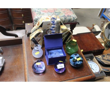 A glass thermometer, Art Deco style mantel clock and garnitures, collection of glass paperweights and Art Glass vase