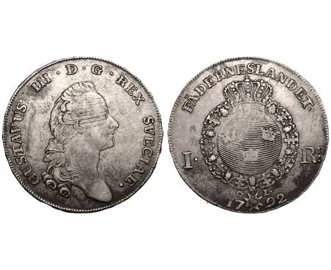 SWEDEN. Gustav III, 1771-92. Silver Riksdaler, 1792 OL. Stockholm. Obv.: GUSTAVUS III·D·G·REX·SVECIAE·; head right.Rev.: FÄDE