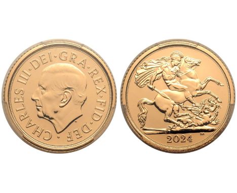 UNITED KINGDOM. Charles III, 2022-. Gold Half-Sovereign, 2024. Royal Mint. Uncrowned portrait of King Charles III left; MJ be