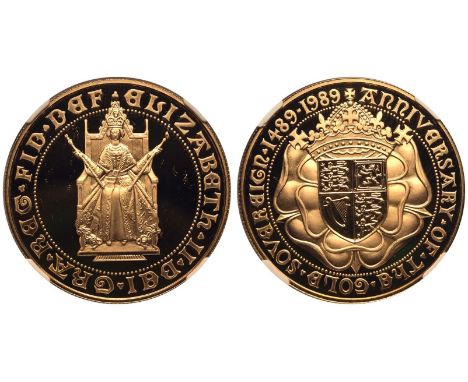 UNITED KINGDOM. Elizabeth II, 1952-2022. Gold 5 pounds (5 sovereigns), 1989. Royal Mint. Proof. Commemorating the 500 years a