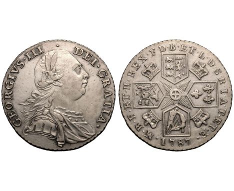GREAT BRITAIN. George III, 1760-1820. Silver Shilling, 1787. London. Without Hearts. Older laureate and cuirassed bust of Kin