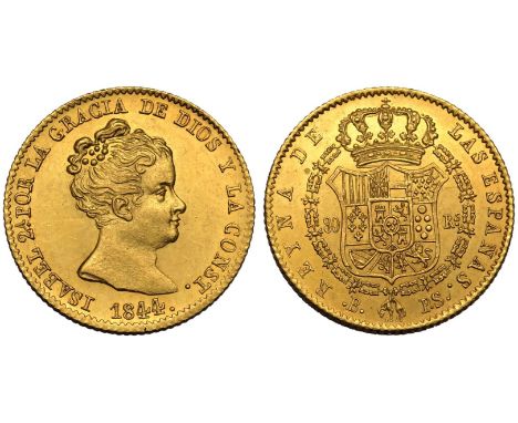 SPAIN. Isabella II, 1833-68. Gold 80 Reales, 1844 PS. Barcelona. Rare large head variety. Obv.: ISABEL 2º POR LA GRACIA DE DI