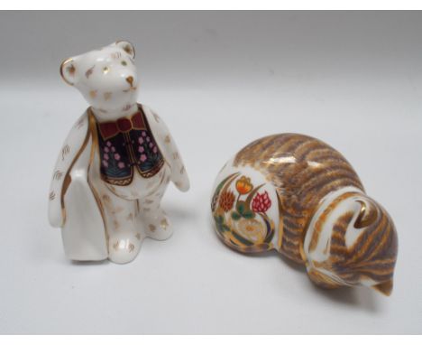 Two Royal Crown Derby Collectors paperweights, one Garden Kitten the other Mini Teddy Bear Shopping (gold button missing).  W