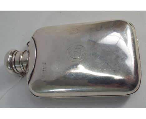 An Edwardian hallmarked silver hip flask gross weight 6.3 troy ozs hallmarks worn 