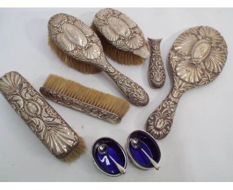 5 piece brush, mirror and comb set in hallmarked silver together with two silver oval salts complete with their blue liners  