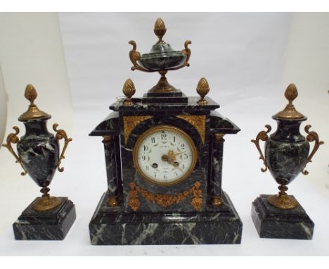 3 piece French decorative marble clock garniture with gilt mounts and striking movement signed Vincent Wignon 