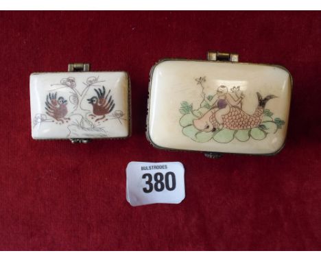 2 small decorative bone trinket boxes 