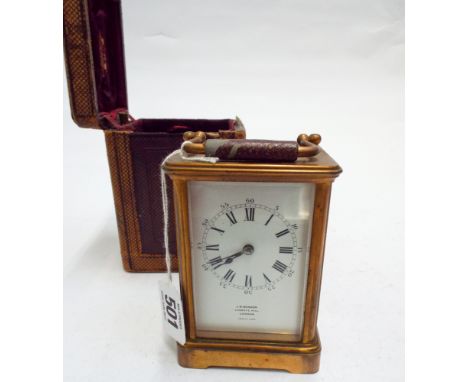 Brass carriage clock by JW Benson of Ludgate Hill London together with its leather carrying case complete with key      Seria