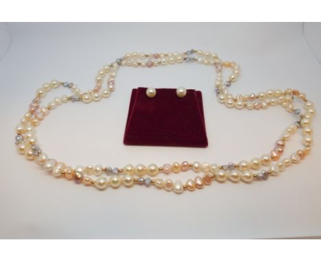 Row of freshwater pearls set with gold beads and a pair of pearl ear studs, boxed.