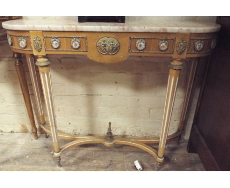 French style D Shaped console table with gilt and porcelain decoration and coloured marble top     97 cms wide, 78 cms high a