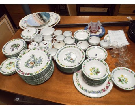 Large Royal Worcester herbs patterned dinner, tea and breakfast service together with a few wine glasses, other plates and a 