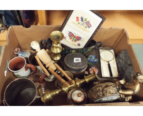 Brass candlesticks, figure decorated clock, mugs, vases and other sundries 