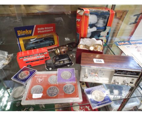 Various Dinky Toys, pipe, coins, watches, electric clock etc. 